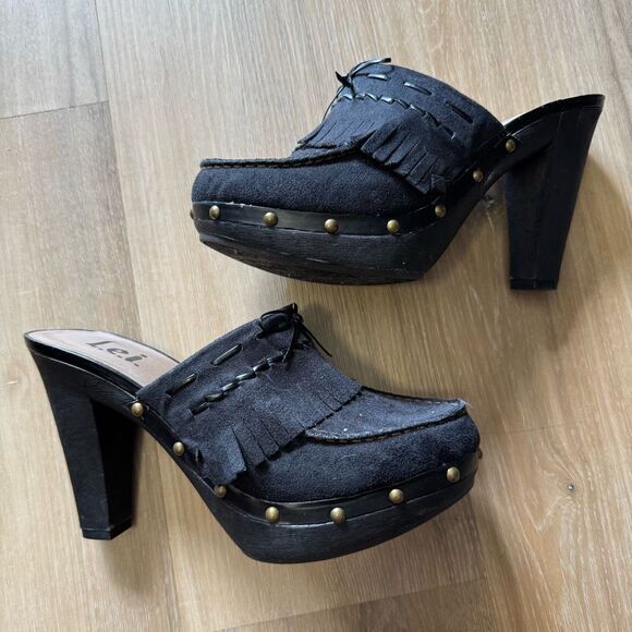 Vintage L.E.I. Anetteco Clogs Leather Studded Mules Heels Sz 10 Black Y2K 90s - Picture 1 of 8